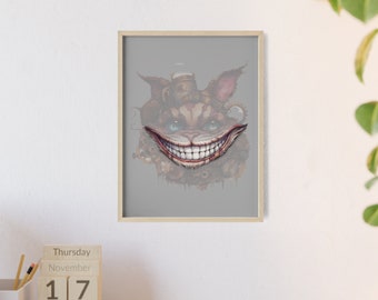 Cadre photo steampunk bizarre avec le motif - Chat de Cheshire d'Alice au pays des merveilles - affiche avec cadre en bois