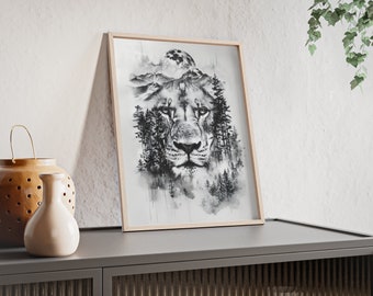 Fantastique décoration murale de lion à double exposition – Décoration de chambre – Superbe image d'animal – Pour les amoureux de la faune – Affiches avec cadre en bois n° 25