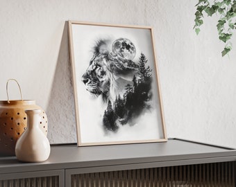 Fantastique décoration murale de lion à double exposition – Décoration de chambre – Superbe image d'animal – Pour les amoureux de la faune – Affiches avec cadre en bois n° 4