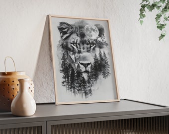 Fantastique décoration murale de lion à double exposition – Décoration de chambre – Superbe image d'animal – Pour les amoureux de la faune – Affiches avec cadre en bois n° 22