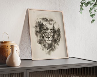 Fantastique décoration murale de lion à double exposition – Décoration de chambre – Superbe image d'animal – Pour les amoureux de la faune – Affiches avec cadre en bois n° 13