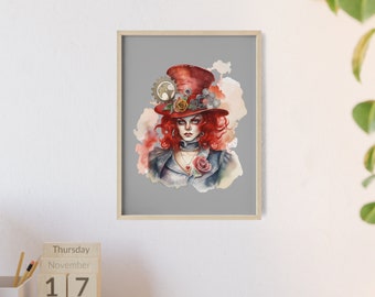 Bizzarra cornice steampunk con il motivo - Regina di cuori - di Alice nel paese delle meraviglie - poster con cornice in legno