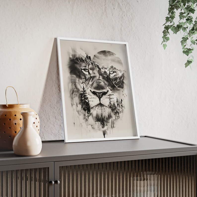 Fantastique décoration murale de lion à double exposition Décoration de chambre Superbe image d'animal Pour les amoureux de la faune Affiches avec cadre en bois n5 image 6