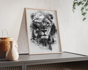 Fantastic Double Exposure Lion Wall Art - Room Decoration - Superb Animal Picture - For Wildlife Lovers - Posters with Wooden Frame Nr. 21