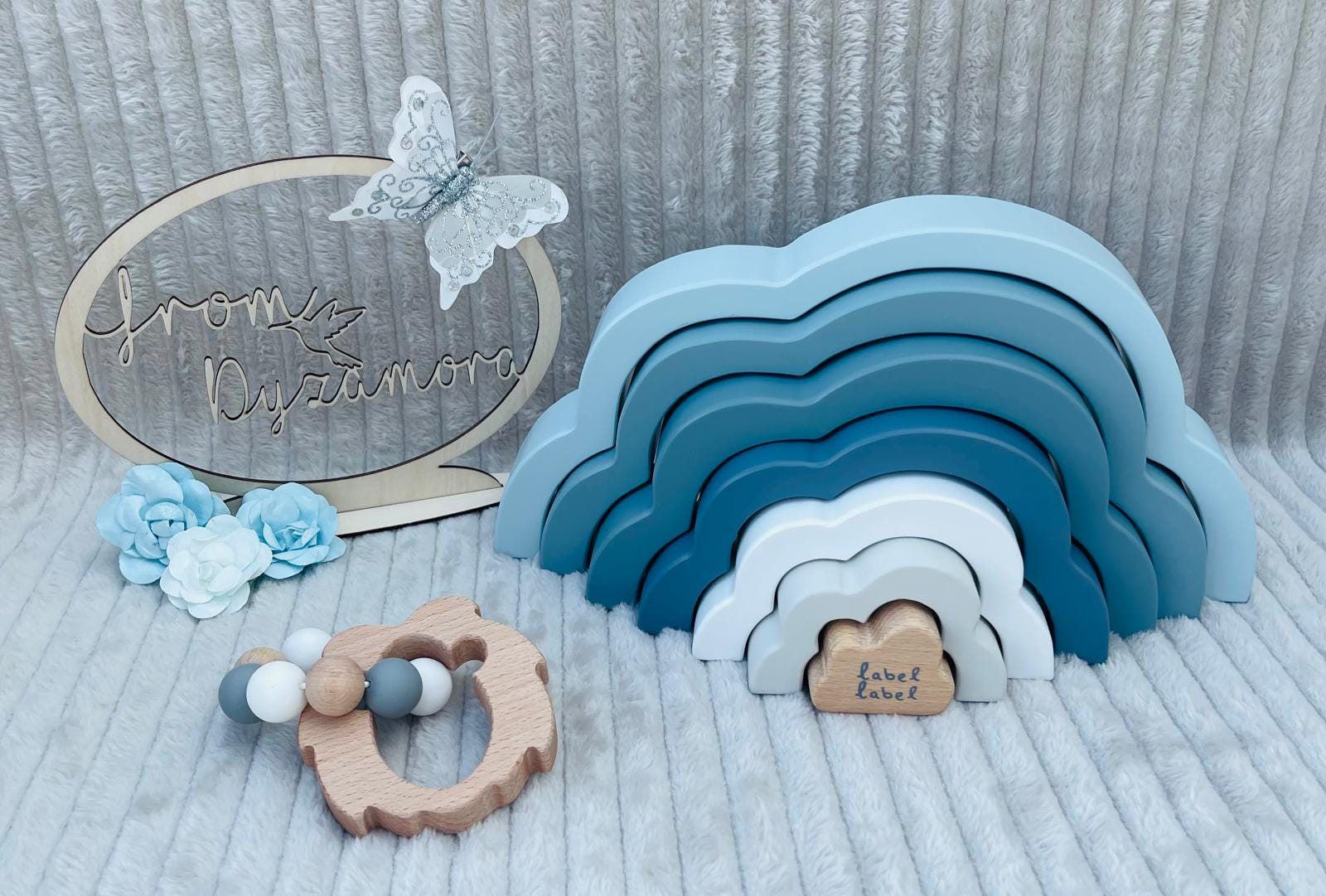 FSC-certified wooden rainbow stacking game – Personalizable educational toy for creative children – Cloud design – For baptism – birth