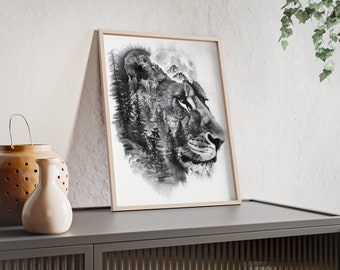 Fantastique décoration murale de lion à double exposition – Décoration de chambre – Superbe image d'animal – Pour les amoureux de la faune – Affiches avec cadre en bois n° 20