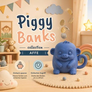 Może przedstawiać: Niebieska skarbonka w kształcie małpy z zakręconym ogonem i szczeliną na górze. Tekst głosi Piggy Banks collection, AFFE, Einfach sparen oraz Einfacher Zugriff. Nad małpą siedzącą na okrągłej macie widoczne są unoszące się w powietrzu monety.