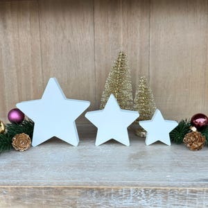 Può includere: Tre decorazioni a forma di stella in legno bianco di diverse dimensioni. Due piccoli alberi di Natale dorati con glitter sono dietro le stelle. Le stelle sono su una superficie di legno, con pigne e ornamenti.
