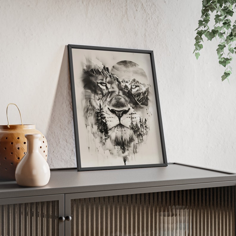 Fantastique décoration murale de lion à double exposition Décoration de chambre Superbe image d'animal Pour les amoureux de la faune Affiches avec cadre en bois n5 image 3