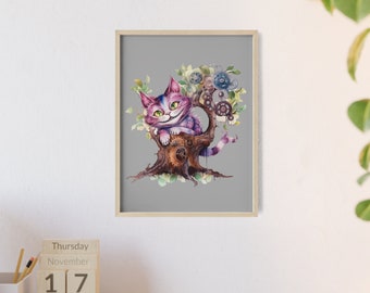 Bizarre steampunk fotolijst met het motief - Cheshire Cat uit Alice in Wonderland - poster met houten lijst