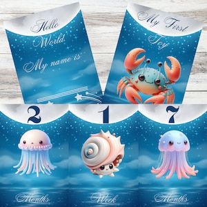 Biglietti per traguardi per bambini personalizzabili – Set di 22 biglietti, regalo di nascita, 3 prime settimane di mesi e momenti speciali, simpatici animali dell'oceano
