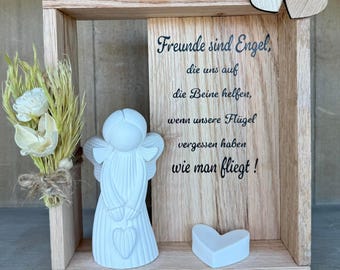 Geschenk Freundschaft mit Engel & Herz aus Keramik in einer Holzbox mit Trockenblumen Spruch Freunde Dankeschön Deko Geschenkset Freundin