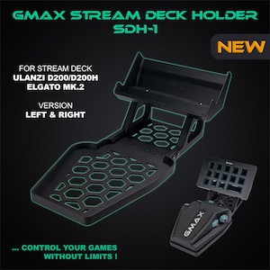 Puede incluir: Soporte negro GMAX Stream Deck SDH-1, diseñado para ULANZI D200/D200H y Elgato MK.2. Presenta un diseño de panal y el texto "CONTROL YOUR GAMES WITHOUT LIMITS!". Incluye una etiqueta "NEW".