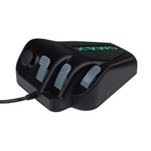 May include: A black gaming controller with three gray slider buttons and a green joystick. The controller has the word "GAMAX" printed on it in green.