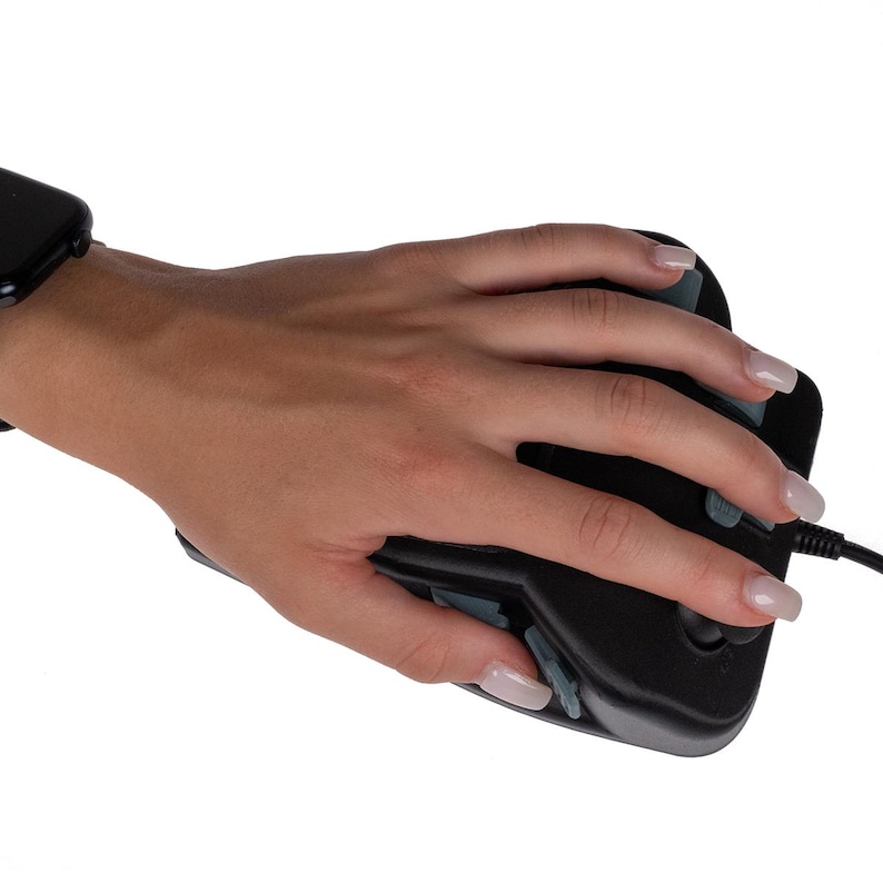 May include: A black ergonomic mouse with a textured surface and gray accents. The mouse is designed for a claw grip and has a wired connection.