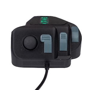 May include: A black gaming controller with a green "GMAX" logo, a round gray button, and three gray slider buttons. The controller has a black cord.