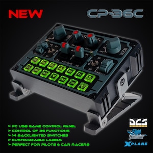 May include: A black and grey PC USB game control panel with green backlit buttons and knobs. The panel has the text "CP-36C" and "NEW" in red. The panel is designed for flight simulation and car racing.