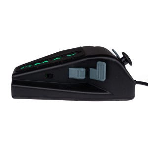 May include: Black gaming controller with green lights and gray buttons. The controller has a textured surface and a small joystick on the right side.