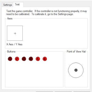 May include: A computer screen displaying a game controller test window. The window shows a plus sign for the X and Y axis, six buttons numbered 1 through 6, and a circular point of view hat. The window has text that reads "Test the game controller. If the controller is not functioning properly, it may need to be calibrated. To calibrate it, go to the Settings page."