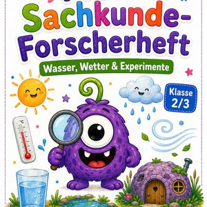 Peut inclure: Un cahier d'exercices éducatif intitulé Picos Sachkunde-Forscherheft Wasser, Wetter & Experimente pour les classes 2/3. La couverture présente un monstre violet à un œil avec une loupe, un soleil, un nuage de pluie, un thermomètre et une maison.