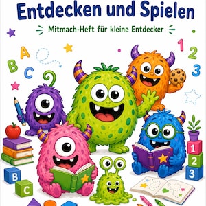 Puede incluir: Un libro de actividades infantiles colorido titulado "Monsterfreunde - Entdecken und Spielen". La portada presenta monstruos de dibujos animados de varios colores, sosteniendo libros, lápices y galletas. El libro incluye el texto "Mitmach-Heft für kleine Entdecker."