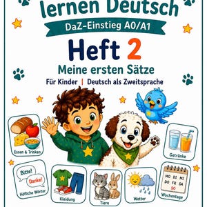 Bundle Booklet 2 Mika and Wuff - A0/A1 for children, German as a Second Language/German as a Foreign Language, Learning German, Greetings, Numbers, Colors, Worksheets, Flashcards, 43 pages PDF