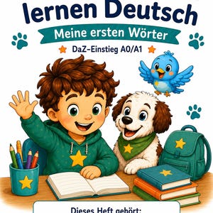 Bundle Booklet 1 Mika and Wuff - A0/A1 for children, German as a Second Language/German as a Foreign Language, Learning German, Greetings, Numbers, Colors, Worksheets, Flashcards, 50 pages PDF