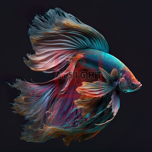 Peut inclure: Un poisson combattant siamois aux couleurs vives et aux nageoires longues et flottantes. Le poisson est bleu foncé avec des accents orange, rouge et rose.