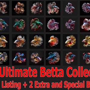 Könnte beinhalten: Eine Sammlung von 30 bunten Betta-Fischen, auch bekannt als Siamesische Kampffische, in verschiedenen Posen. Die Fische sind in einem Raster auf schwarzem Hintergrund angeordnet. Der Text "The Ultimate Betta Collection" und "All 30 Listing + 2 Extra and Special BONUS" wird unter den Bildern angezeigt.