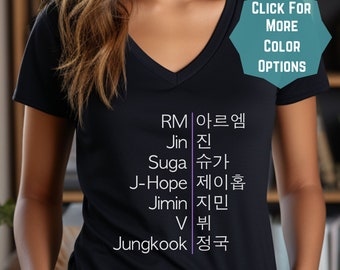 Bangtan OT7 Hangeul & English V-Neck T-shirt, Bangtan Army K-pop fandom, RM Jin Suga J-Hope Jimin V Jungkook Yoongi Hobi Namjoon Borahae