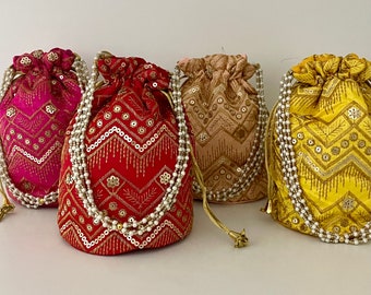 Borse a mano Mithai con paillettes e fili da sposa Shagan indiani, bomboniere per matrimonio, potli