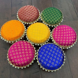 Decorative Steel Boxes Shagan Mithai Silk Embroidered Indian Wedding Gift Favour Boxes Tins