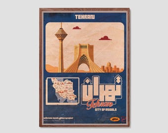 May include: Framed vintage poster depicting Tehran landmarks, including the Milad Tower and Azadi Tower, alongside a regional map. The poster has a blue backdrop with the text "Tehran City of Angels" and is enclosed in a wooden frame.