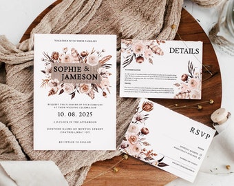 Floral Wedding Invitation Template 3x Piece Set | Personalised | Digital Invite | Invitation Template | Editable | Instant Download | 18