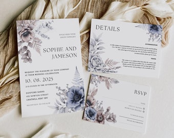 Floral Wedding Invitation Template 3x Piece Set | Personalised | Digital Invite | Invitation Template | Editable | Instant Download | 10