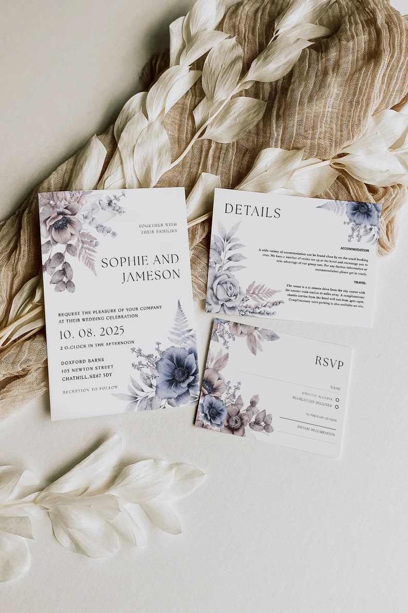 Floral Wedding Invitation Template 3x Piece Set Personalised Digital Invite Invitation Template Editable Instant Download 10 zdjęcie 1