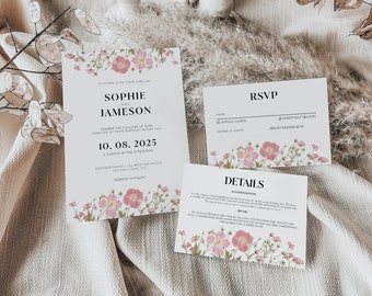 Floral Wedding Invitation Template 3x Piece Set | Personalised | Digital Invite | Invitation Template | Editable | Instant Download | 20