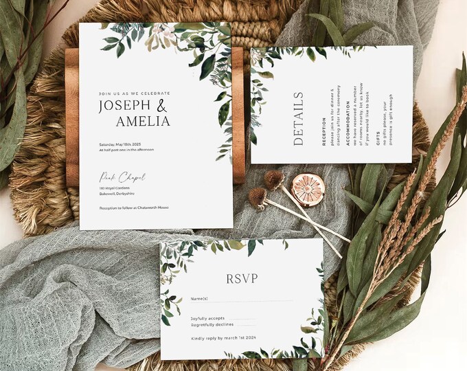 Sent Invatation Floral Wedding Invitation Template 3x Piece Set | Ready-to-send ...