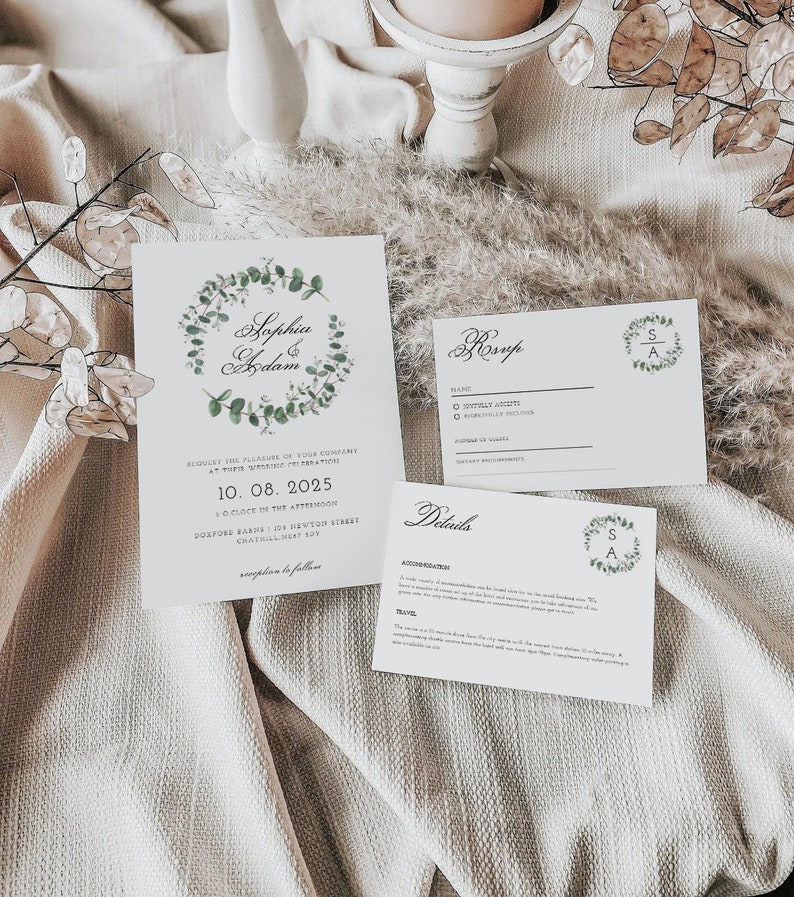 Eucalyptus Wedding Invitation Template 3x Piece Set Personalised Digital Invite Invitation Template Editable Instant Download 17 image 1