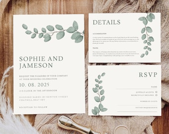 Eucalyptus Wedding Invitation Template 3x Piece Set | Personalised | Digital Invite | Invitation Template | Editable | Instant Download | 16