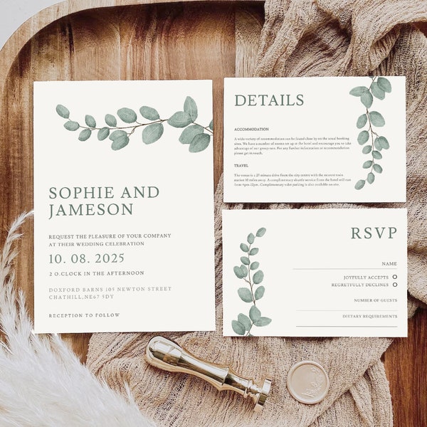 Eucalyptus Wedding Invitation Template 3x Piece Set | Personalised | Digital Invite | Invitation Template | Editable | Instant Download | 16