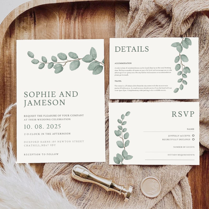 Eucalyptus Wedding Invitation Template 3x Piece Set Personalised Digital Invite Invitation Template Editable Instant Download 16 image 1