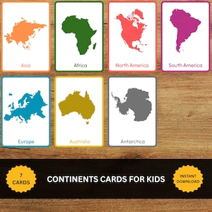 May include: A set of seven rectangular educational cards featuring colored silhouettes of the continents: Asia in orange, Africa in green, North America in red, South America in purple, Europe in blue, Australia in gold, and Antarctica in gray.