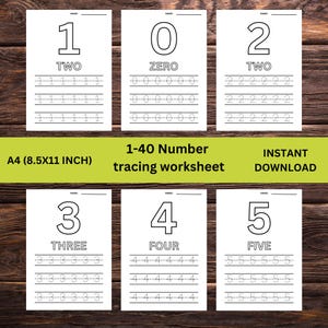 40 Number tracing worksheets, traceable numbers, preschool worksheets, 0-40 Printable Number Tracing, Kids Tracing, handwriting practice pdf