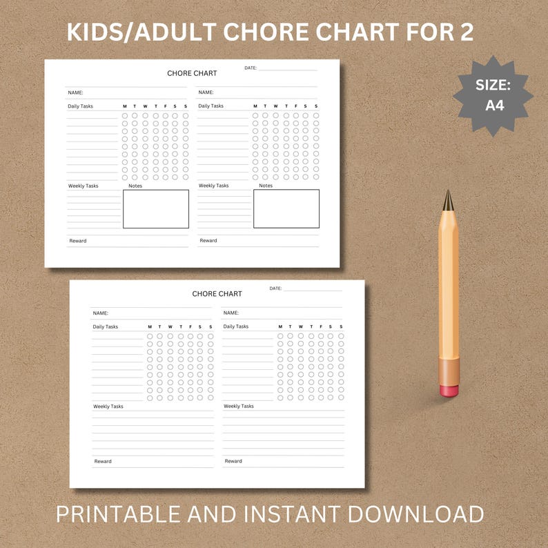 Chore Chart for 2 Kids / Adults Printable Template, Weekly Household ...