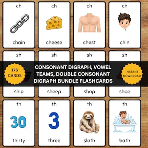 Peut inclure: Un ensemble de cartes éducatives présentant des digraphes consonantiques. Chaque carte affiche une combinaison de lettres en haut, une illustration et le mot correspondant en bas. Le texte indique : 176 CARDS CONSONANT DIGRAPH, VOWEL TEAMS, DOUBLE CONSONANT DIGRAPH BUNDLE FLASHCARDS INSTANT DOWNLOAD.
