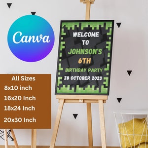 Editable mine s crafter theme welcome Birthday Poster Banner Template chalkboard Printable| Canva mine theme crafter welcome sign