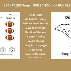 Learn French PreK + K Bundle, 100 Pages | French Preschool & Kindergarten Worksheets Ages 3+ | Printable Kids Quiet Book Workbook Activities