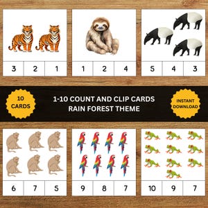 May include: A set of 10 count and clip cards with a rain forest theme, featuring illustrations of tigers, a sloth, tapirs, monkeys, parrots, and frogs. Each card displays a group of animals and three numbers, with text reading 1-10 COUNT AND CLIP CARDS.