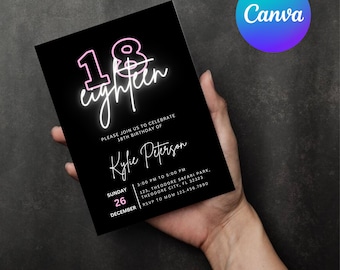18th Birthday Invitation Template | Glow Birthday Invite Canva